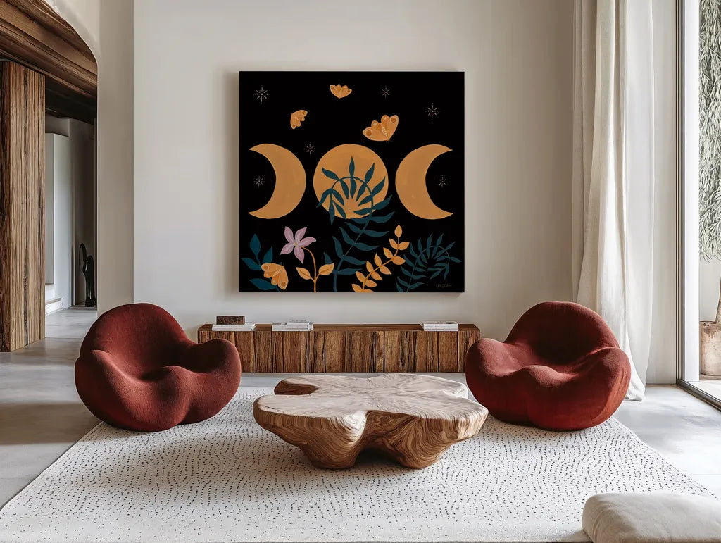 Moon Moth VIII by Yvette St. Amant. Shown as extra-large giant wall art in a modern living room. Available as an archival giclee rolled canvas, fine art paper, or poster print. SKU 101209a.