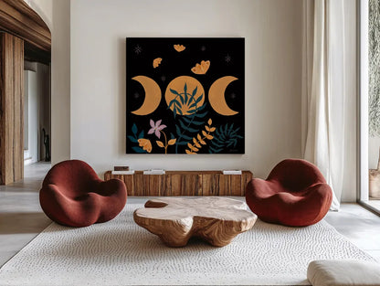 Moon Moth VIII by Yvette St. Amant. Shown as extra-large giant wall art in a modern living room. Available as an archival giclee rolled canvas, fine art paper, or poster print. SKU 101209a.