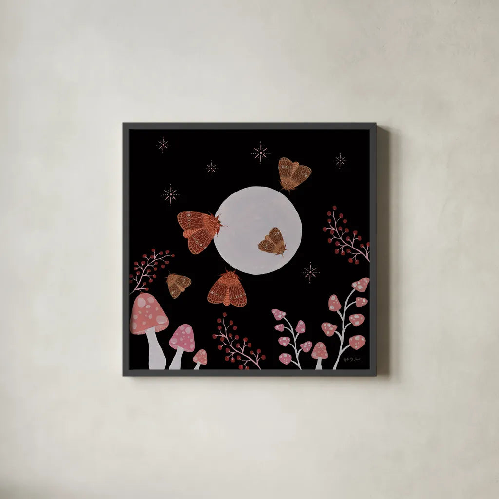 Moon Moth X by Yvette St. Amant. Shown in a sleek black glass frame for a contemporary gallery look. Available as an archival giclee rolled canvas, fine art paper, or poster print. SKU 101211a.