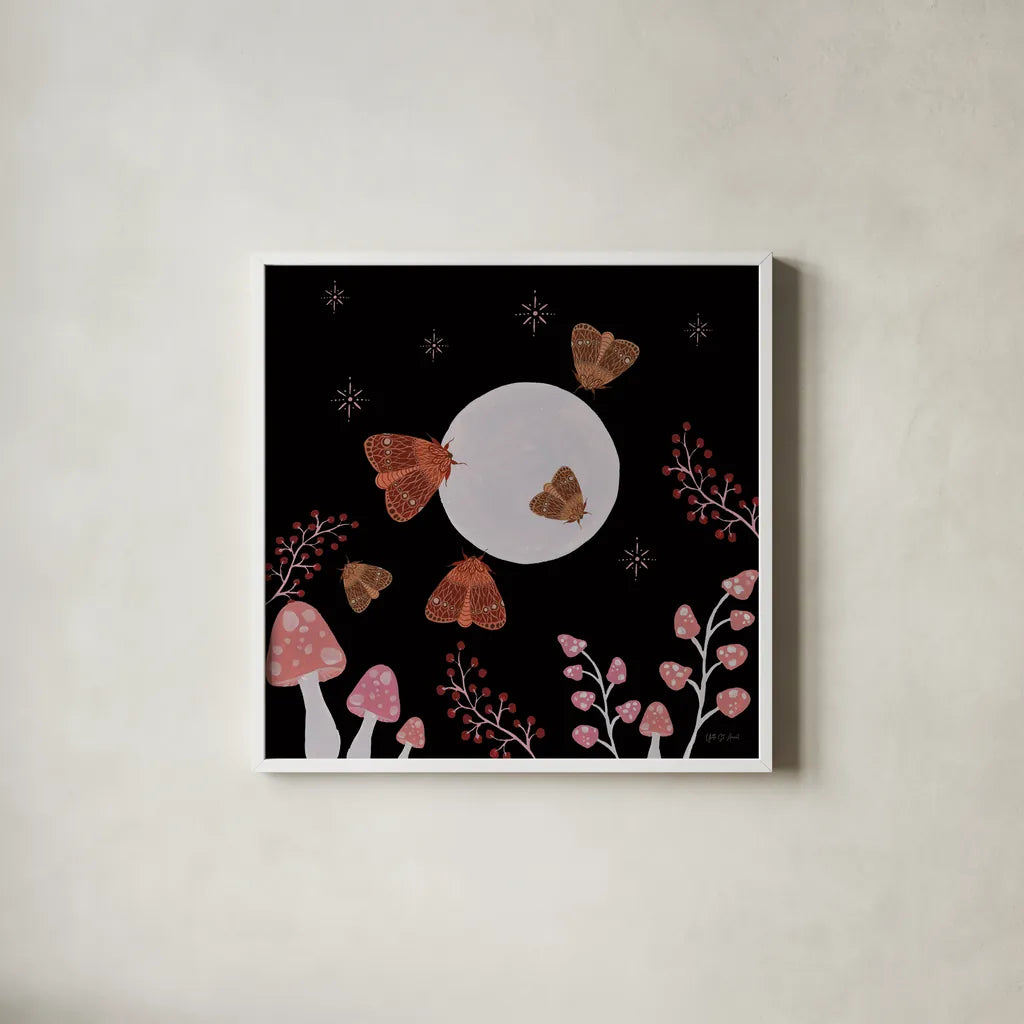 Moon Moth X by Yvette St. Amant. Shown in a crisp white glass frame for a clean and minimalist style. Available as an archival giclee rolled canvas, fine art paper, or poster print. SKU 101211a.