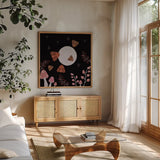 Moon Moth X by Yvette St. Amant. Shown in a natural wood frame in a cozy modern living room. Available as an archival giclee rolled canvas, fine art paper, or poster print. SKU 101211a.