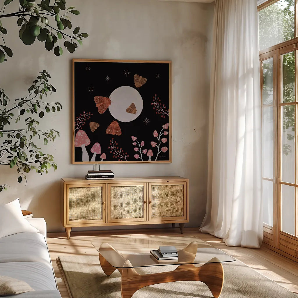 Moon Moth X by Yvette St. Amant. Shown in a natural wood frame in a cozy modern living room. Available as an archival giclee rolled canvas, fine art paper, or poster print. SKU 101211a.