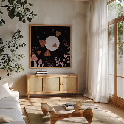 Moon Moth X by Yvette St. Amant. Shown in a natural wood frame in a cozy modern living room. Available as an archival giclee rolled canvas, fine art paper, or poster print. SKU 101211a.