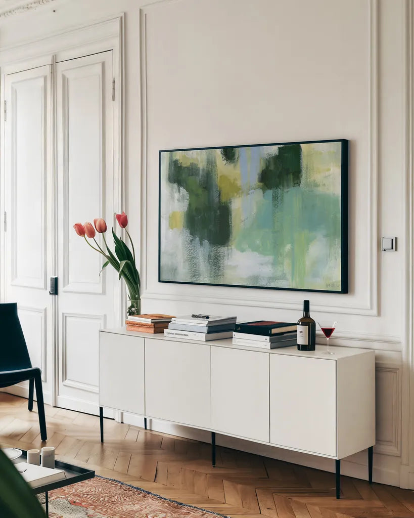 Mossy Vibration by Yvette St. Amant. shown as a framed stretched canvas in a living room above a console. Available as a archival giclee rolled canvas, fine art paper, or poster print. SKU 100268i.