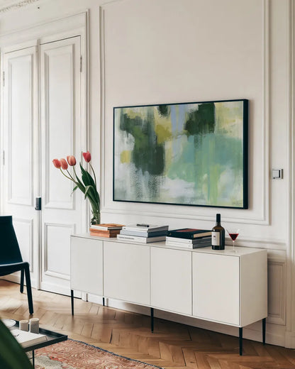 Mossy Vibration by Yvette St. Amant. shown as a framed stretched canvas in a living room above a console. Available as a archival giclee rolled canvas, fine art paper, or poster print. SKU 100268i.