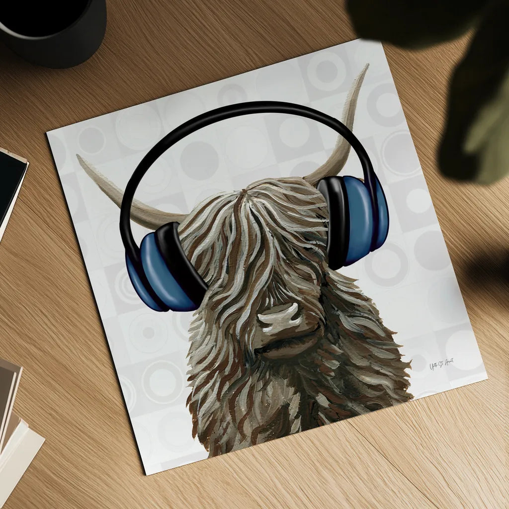 Music Cow Blue Crop by Yvette St. Amant. Shown as a detailed flat fine art print, highlighting archival giclee quality. Available as an archival giclee rolled canvas, fine art paper, or poster print. SKU 90161a.