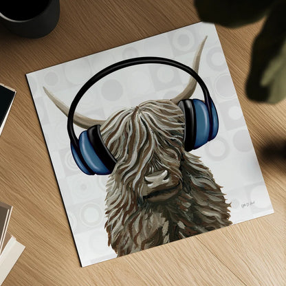 Music Cow Blue Crop by Yvette St. Amant. Shown as a detailed flat fine art print, highlighting archival giclee quality. Available as an archival giclee rolled canvas, fine art paper, or poster print. SKU 90161a.