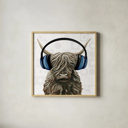 Music Cow Blue Crop by Yvette St. Amant. Shown in a natural wood glass frame for a timeless modern aesthetic. Available as an archival giclee rolled canvas, fine art paper, or poster print. SKU 90161a.