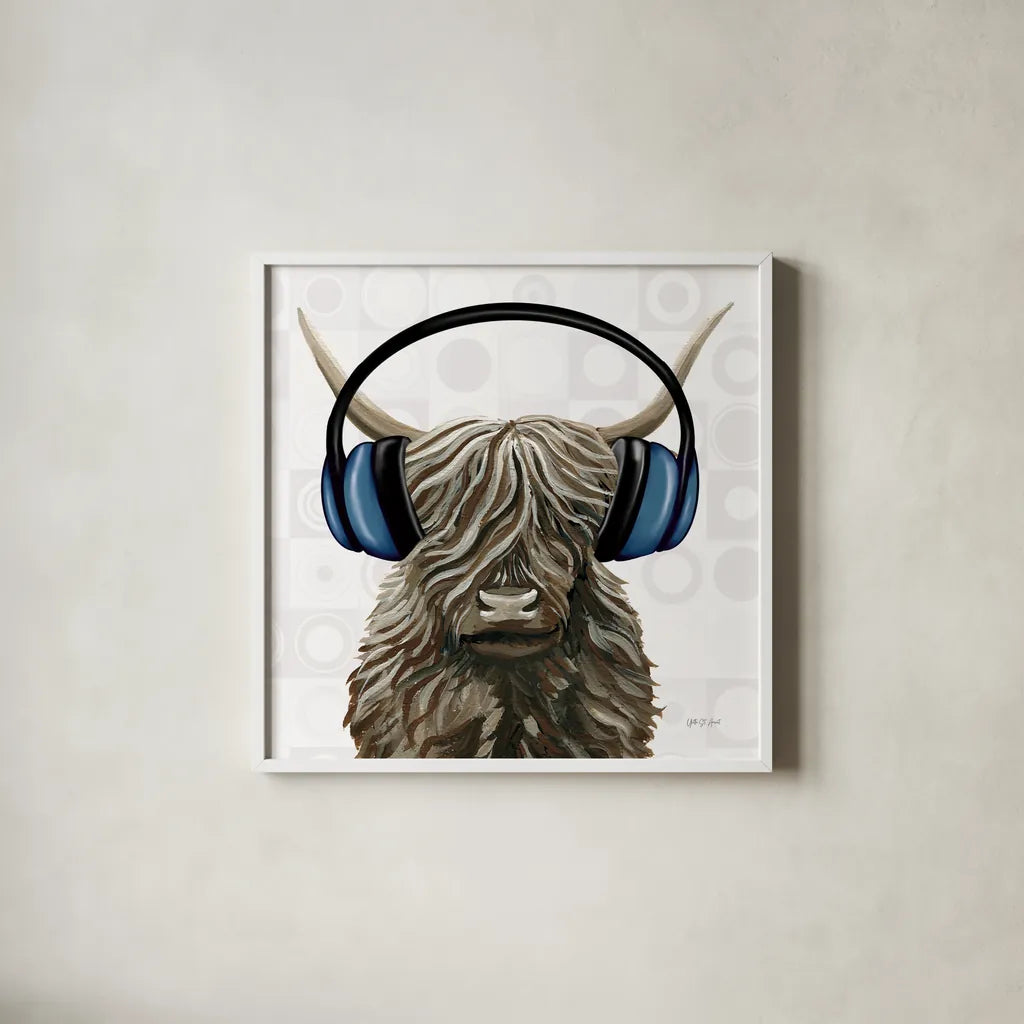 Music Cow Blue Crop by Yvette St. Amant. Shown in a crisp white glass frame for a clean and minimalist style. Available as an archival giclee rolled canvas, fine art paper, or poster print. SKU 90161a.