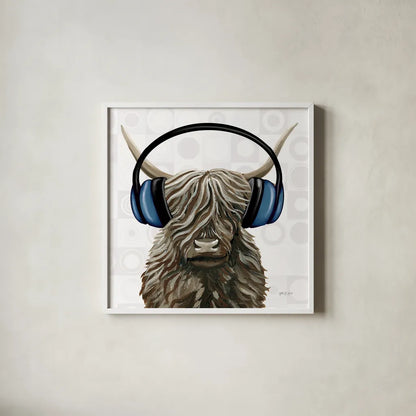 Music Cow Blue Crop by Yvette St. Amant. Shown in a crisp white glass frame for a clean and minimalist style. Available as an archival giclee rolled canvas, fine art paper, or poster print. SKU 90161a.