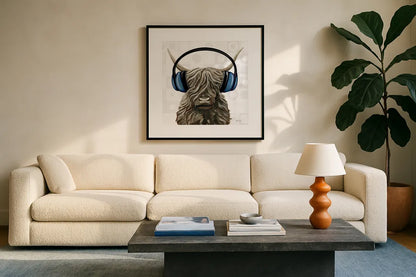Music Cow Blue Crop by Yvette St. Amant. Displayed in a glass frame with matte in a clean modern living room. Available as an archival giclee rolled canvas, fine art paper, or poster print. SKU 90161a.