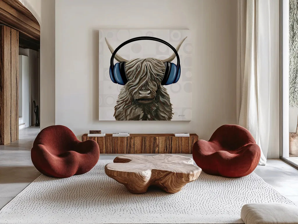 Music Cow Blue Crop by Yvette St. Amant. Shown as extra-large giant wall art in a modern living room. Available as an archival giclee rolled canvas, fine art paper, or poster print. SKU 90161a.