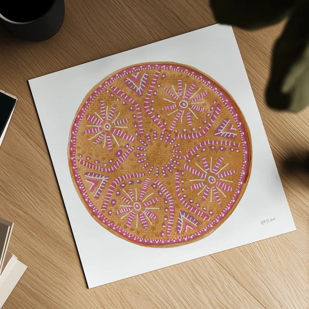 Mustard Mandala by Yvette St. Amant. Shown as a detailed flat fine art print, highlighting archival giclee quality. Available as an archival giclee rolled canvas, fine art paper, or poster print. SKU 88261a.