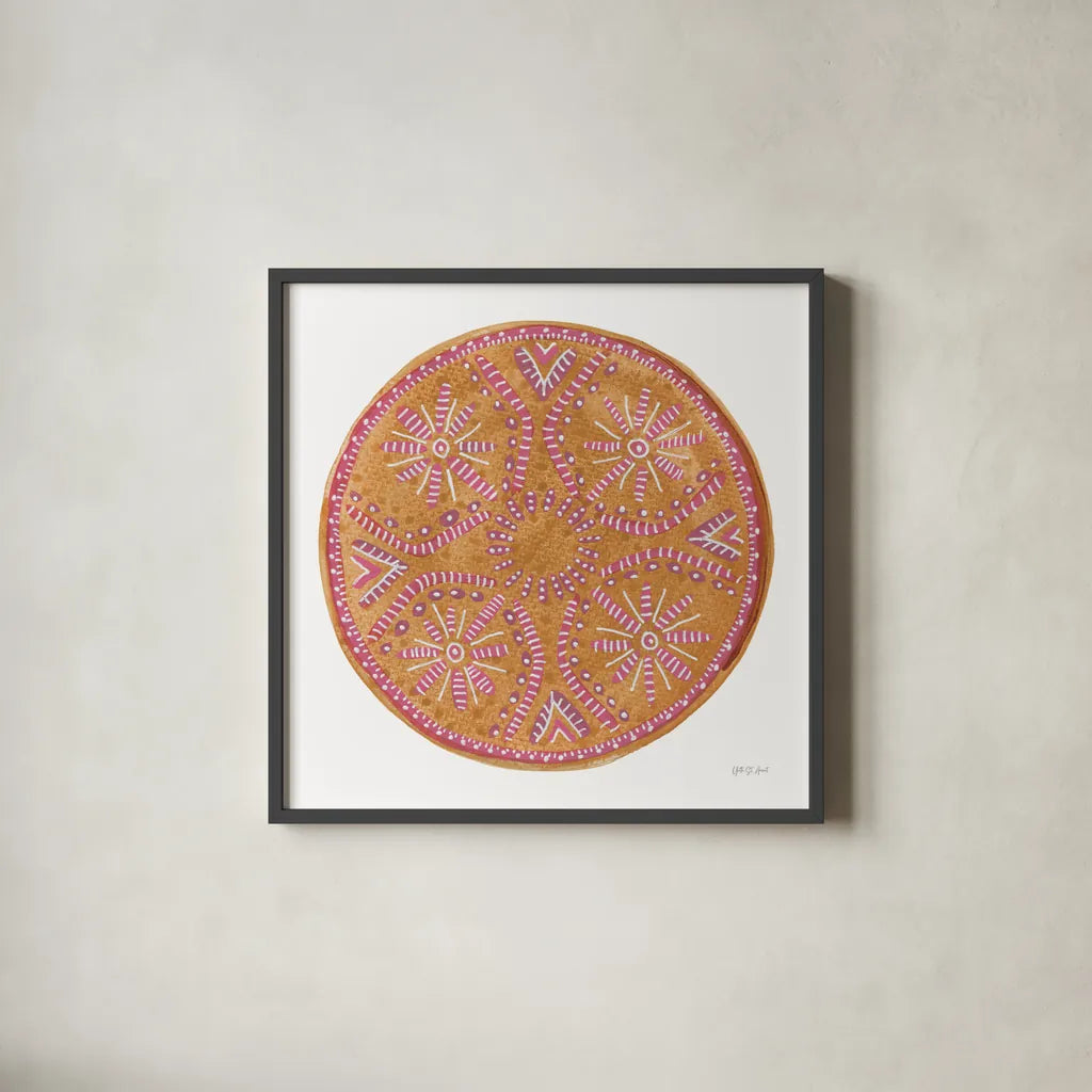 Mustard Mandala by Yvette St. Amant. Shown in a sleek black glass frame for a contemporary gallery look. Available as an archival giclee rolled canvas, fine art paper, or poster print. SKU 88261a.