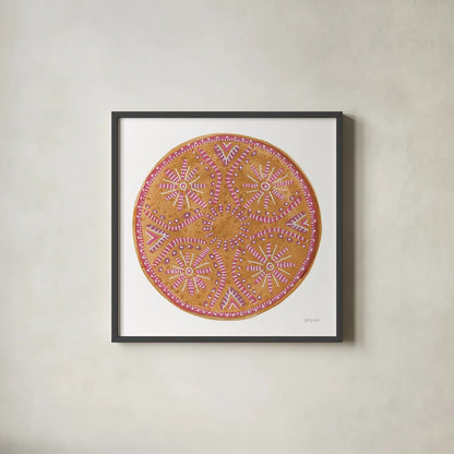 Mustard Mandala by Yvette St. Amant. Shown in a sleek black glass frame for a contemporary gallery look. Available as an archival giclee rolled canvas, fine art paper, or poster print. SKU 88261a.