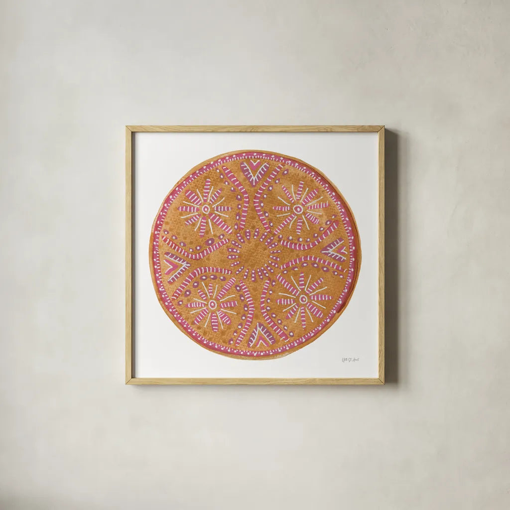 Mustard Mandala by Yvette St. Amant. Shown in a natural wood glass frame for a timeless modern aesthetic. Available as an archival giclee rolled canvas, fine art paper, or poster print. SKU 88261a.