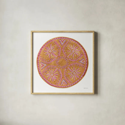 Mustard Mandala by Yvette St. Amant. Shown in a natural wood glass frame for a timeless modern aesthetic. Available as an archival giclee rolled canvas, fine art paper, or poster print. SKU 88261a.