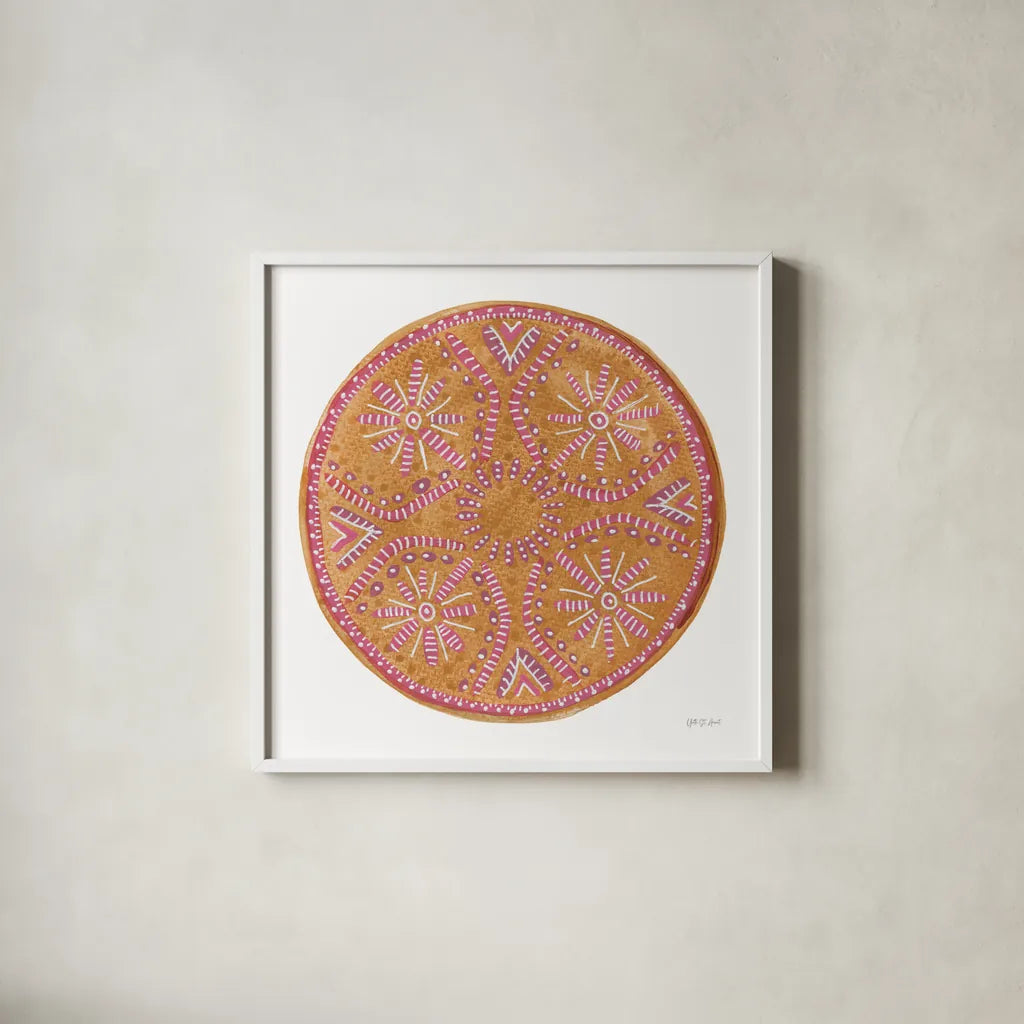 Mustard Mandala by Yvette St. Amant. Shown in a crisp white glass frame for a clean and minimalist style. Available as an archival giclee rolled canvas, fine art paper, or poster print. SKU 88261a.