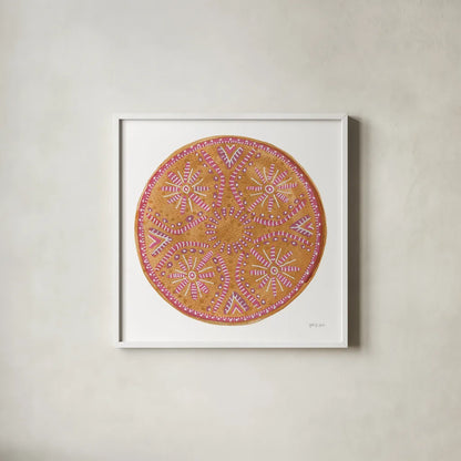 Mustard Mandala by Yvette St. Amant. Shown in a crisp white glass frame for a clean and minimalist style. Available as an archival giclee rolled canvas, fine art paper, or poster print. SKU 88261a.