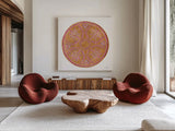 Mustard Mandala by Yvette St. Amant. Shown as extra-large giant wall art in a modern living room. Available as an archival giclee rolled canvas, fine art paper, or poster print. SKU 88261a.