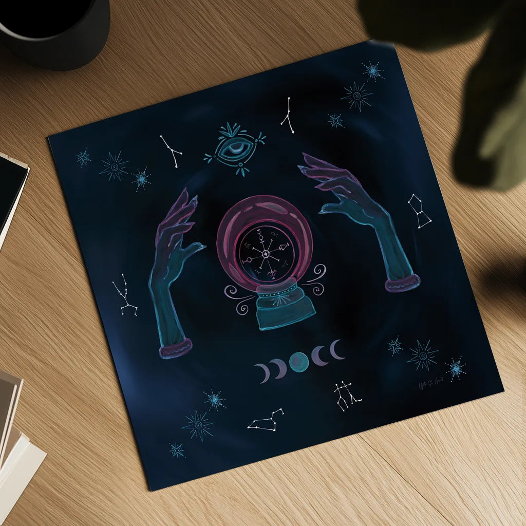 Mystic Fortune Teller by Yvette St. Amant. Shown as a detailed flat fine art print, highlighting archival giclee quality. Available as an archival giclee rolled canvas, fine art paper, or poster print. SKU 91540a.