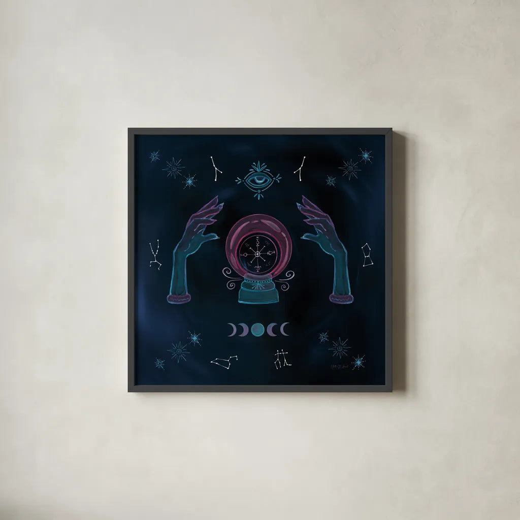 Mystic Fortune Teller by Yvette St. Amant. Shown in a sleek black glass frame for a contemporary gallery look. Available as an archival giclee rolled canvas, fine art paper, or poster print. SKU 91540a.