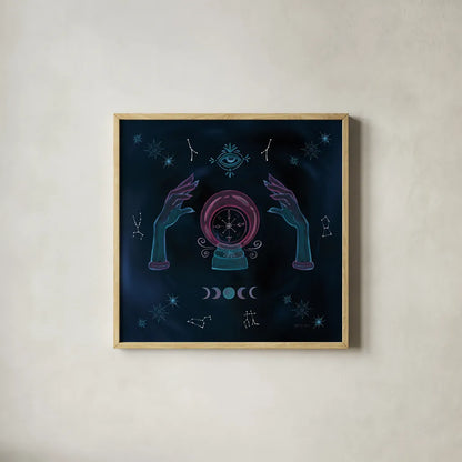 Mystic Fortune Teller by Yvette St. Amant. Shown in a natural wood glass frame for a timeless modern aesthetic. Available as an archival giclee rolled canvas, fine art paper, or poster print. SKU 91540a.