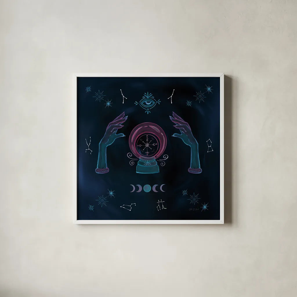 Mystic Fortune Teller by Yvette St. Amant. Shown in a crisp white glass frame for a clean and minimalist style. Available as an archival giclee rolled canvas, fine art paper, or poster print. SKU 91540a.