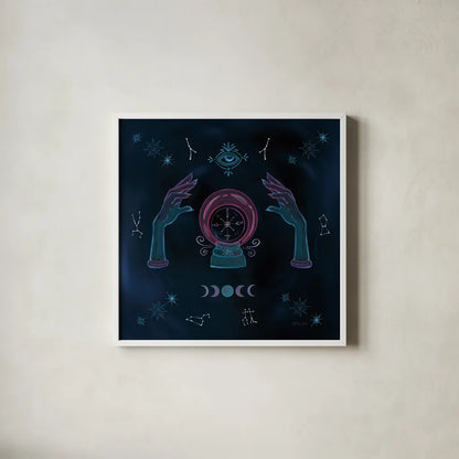 Mystic Fortune Teller by Yvette St. Amant. Shown in a crisp white glass frame for a clean and minimalist style. Available as an archival giclee rolled canvas, fine art paper, or poster print. SKU 91540a.