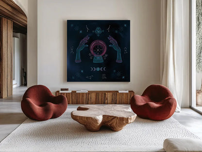 Mystic Fortune Teller by Yvette St. Amant. Shown as extra-large giant wall art in a modern living room. Available as an archival giclee rolled canvas, fine art paper, or poster print. SKU 91540a.