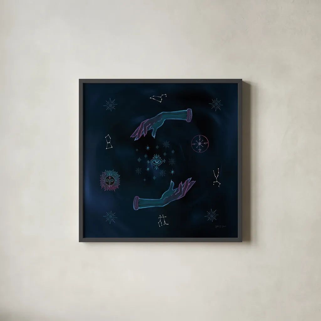 Mystic Magic by Yvette St. Amant. Shown in a sleek black glass frame for a contemporary gallery look. Available as an archival giclee rolled canvas, fine art paper, or poster print. SKU 91539a.