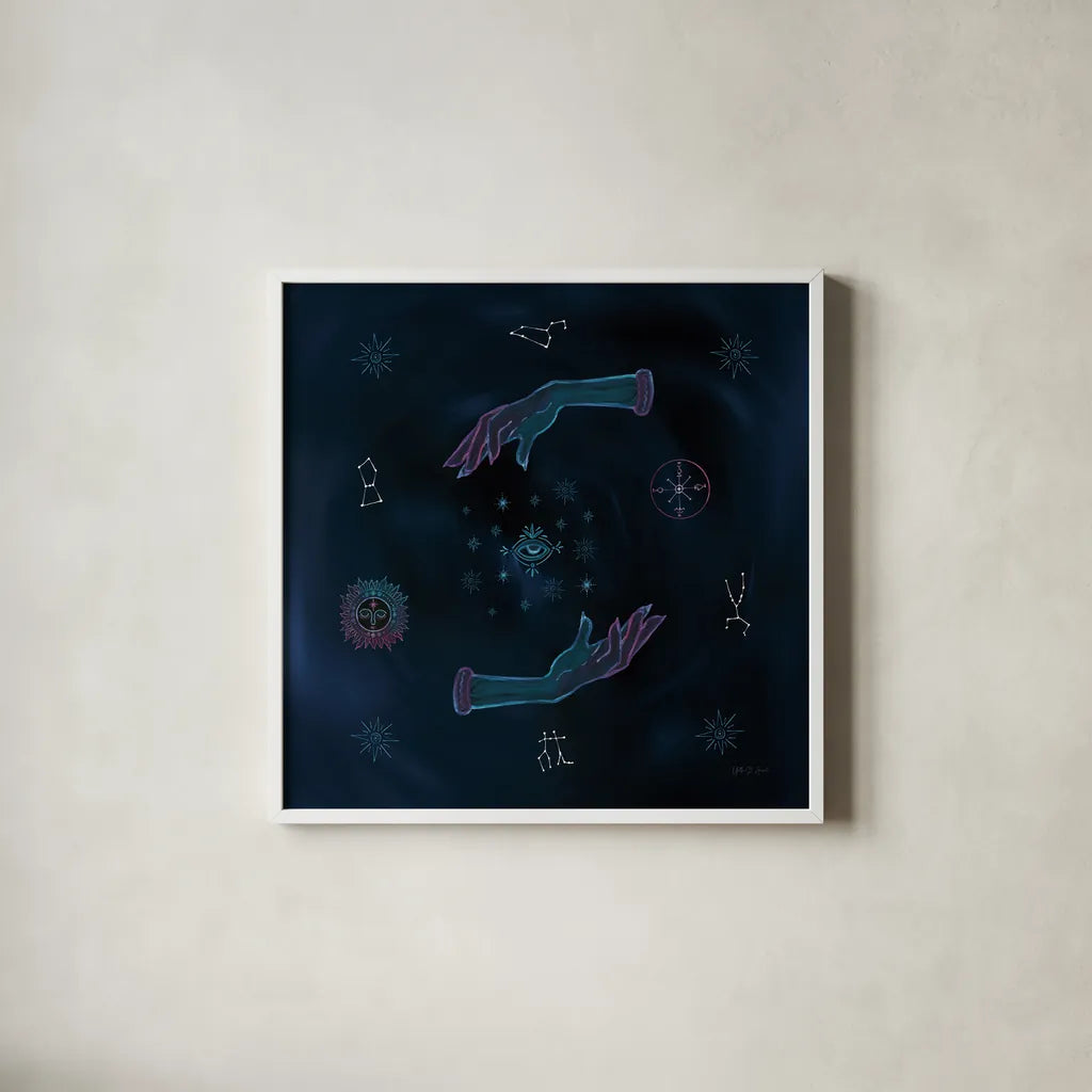 Mystic Magic by Yvette St. Amant. Shown in a crisp white glass frame for a clean and minimalist style. Available as an archival giclee rolled canvas, fine art paper, or poster print. SKU 91539a.