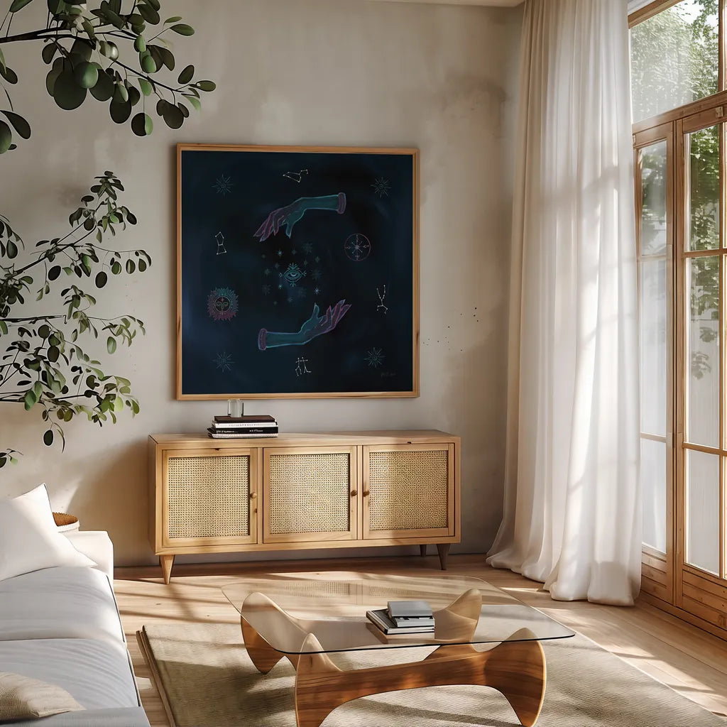 Mystic Magic by Yvette St. Amant. Shown in a natural wood frame in a cozy modern living room. Available as an archival giclee rolled canvas, fine art paper, or poster print. SKU 91539a.