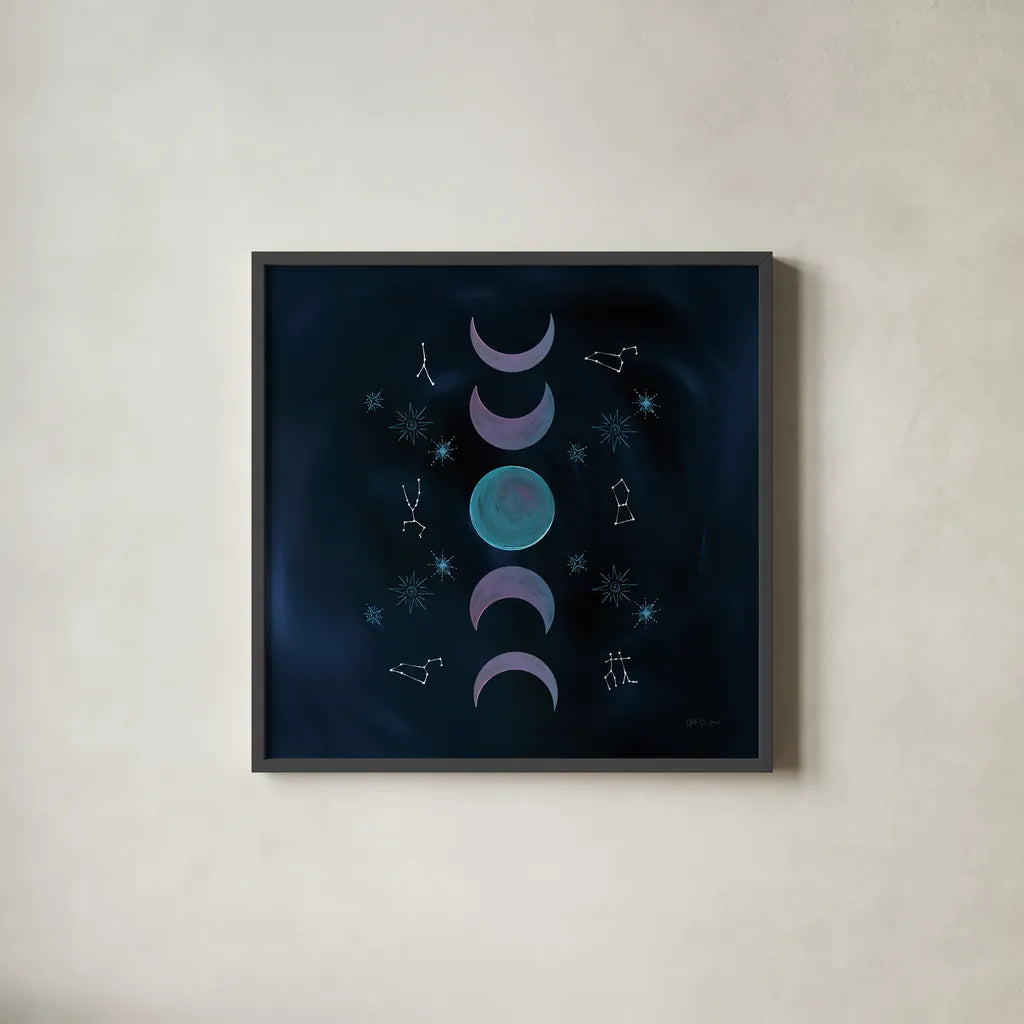 Mystic New Moon by Yvette St. Amant. Shown in a sleek black glass frame for a contemporary gallery look. Available as an archival giclee rolled canvas, fine art paper, or poster print. SKU 91541a.