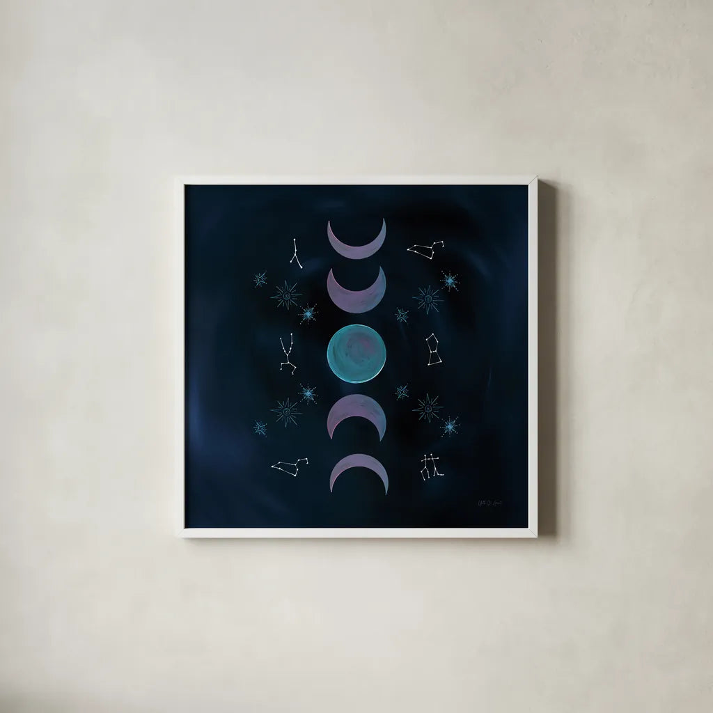 Mystic New Moon by Yvette St. Amant. Shown in a crisp white glass frame for a clean and minimalist style. Available as an archival giclee rolled canvas, fine art paper, or poster print. SKU 91541a.