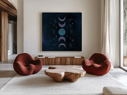 Mystic New Moon by Yvette St. Amant. Shown as extra-large giant wall art in a modern living room. Available as an archival giclee rolled canvas, fine art paper, or poster print. SKU 91541a.