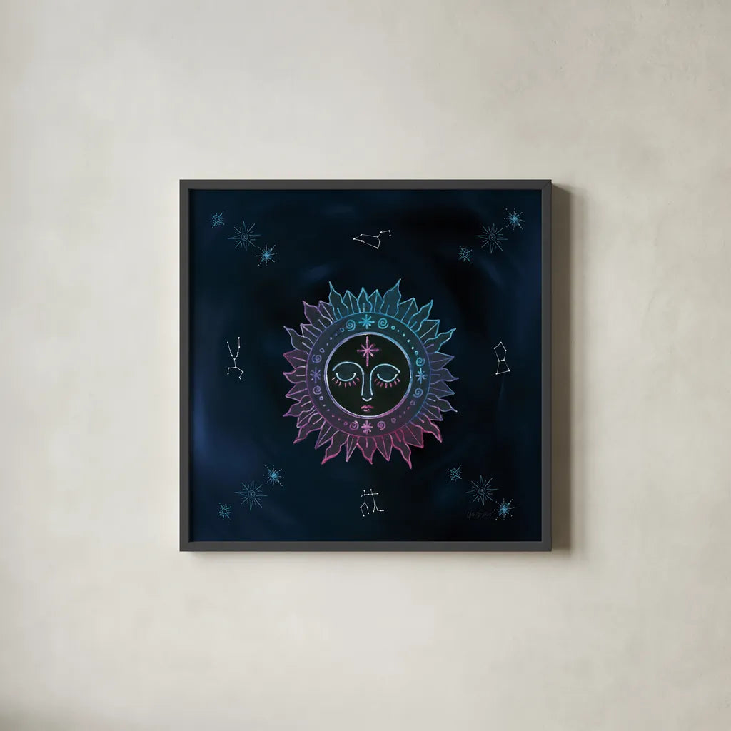 Mystic Sun by Yvette St. Amant. Shown in a sleek black glass frame for a contemporary gallery look. Available as an archival giclee rolled canvas, fine art paper, or poster print. SKU 91542a.