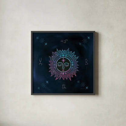 Mystic Sun by Yvette St. Amant. Shown in a sleek black glass frame for a contemporary gallery look. Available as an archival giclee rolled canvas, fine art paper, or poster print. SKU 91542a.