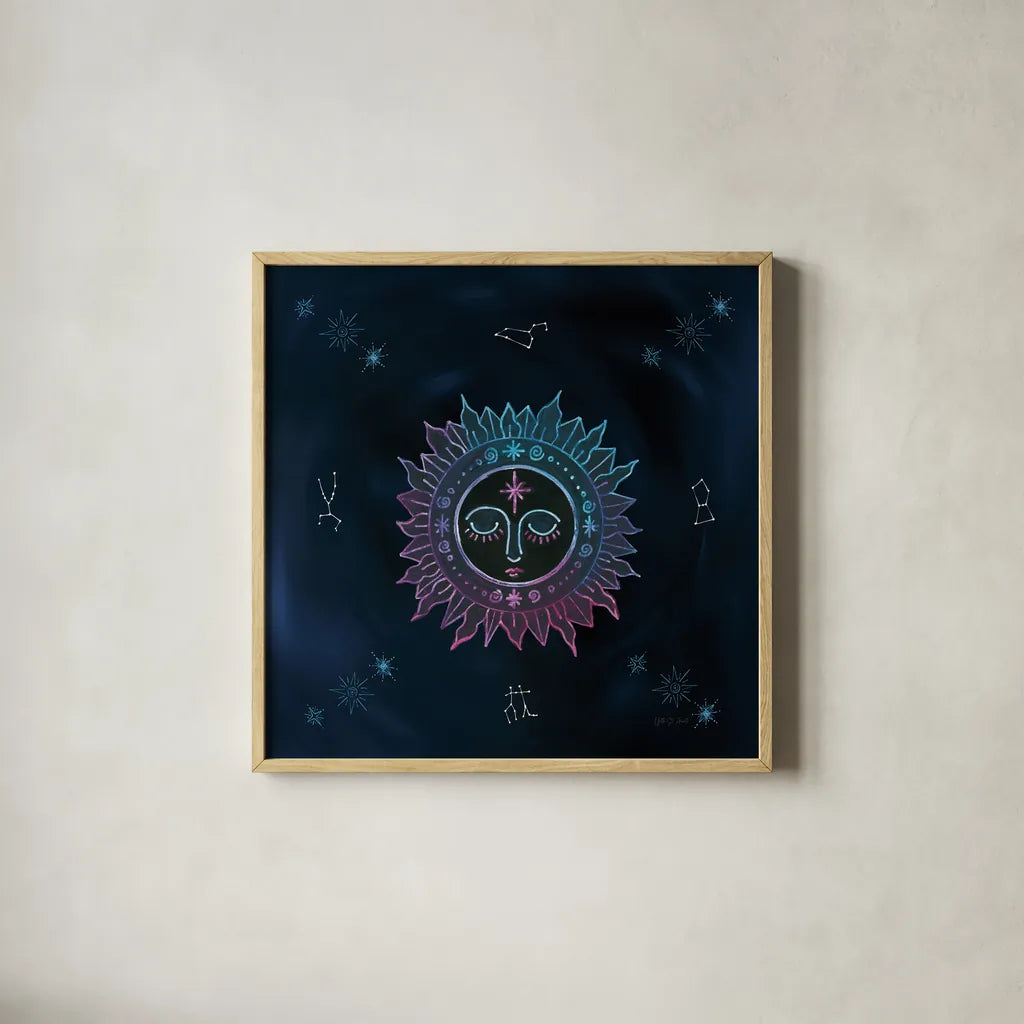 Mystic Sun by Yvette St. Amant. Shown in a natural wood glass frame for a timeless modern aesthetic. Available as an archival giclee rolled canvas, fine art paper, or poster print. SKU 91542a.