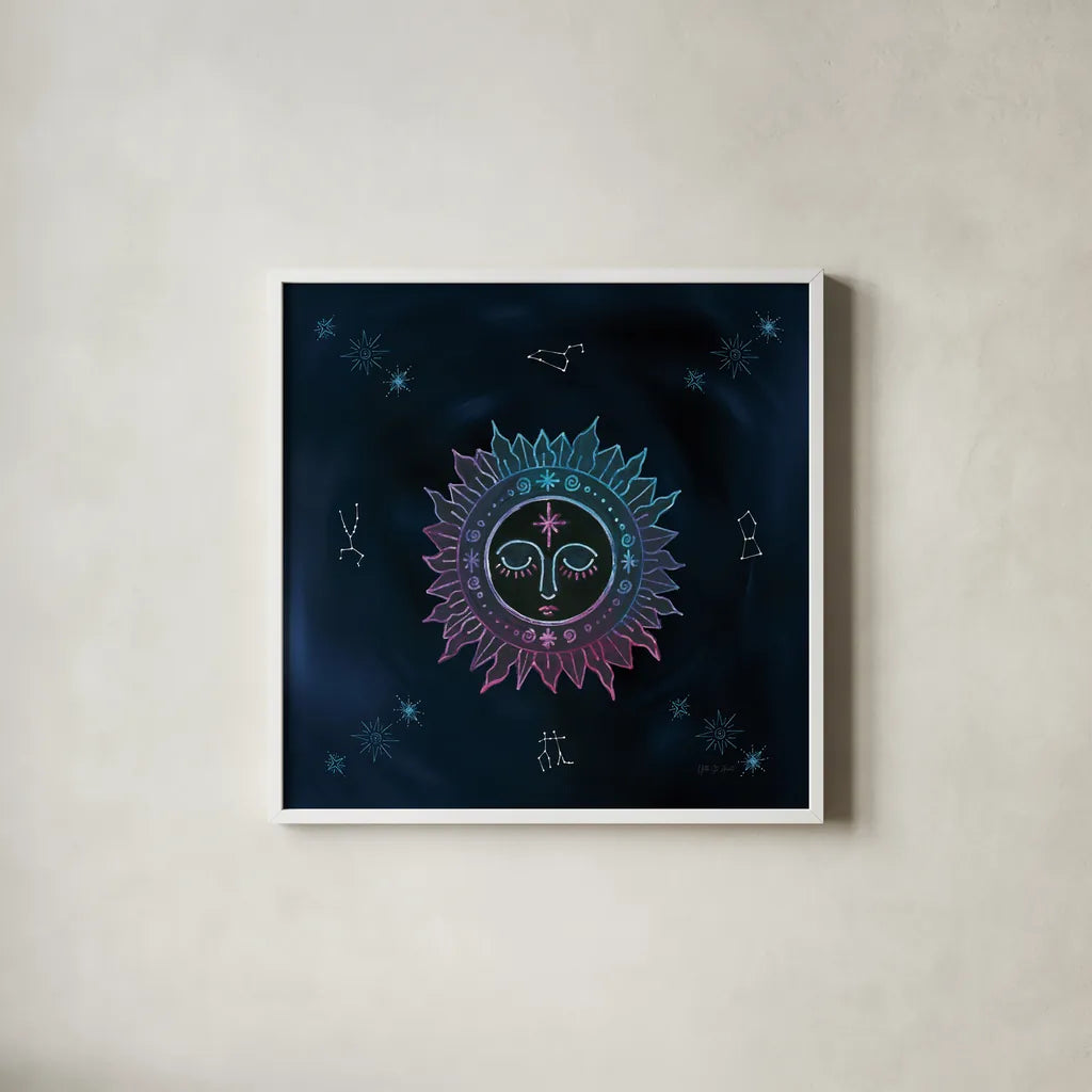 Mystic Sun by Yvette St. Amant. Shown in a crisp white glass frame for a clean and minimalist style. Available as an archival giclee rolled canvas, fine art paper, or poster print. SKU 91542a.