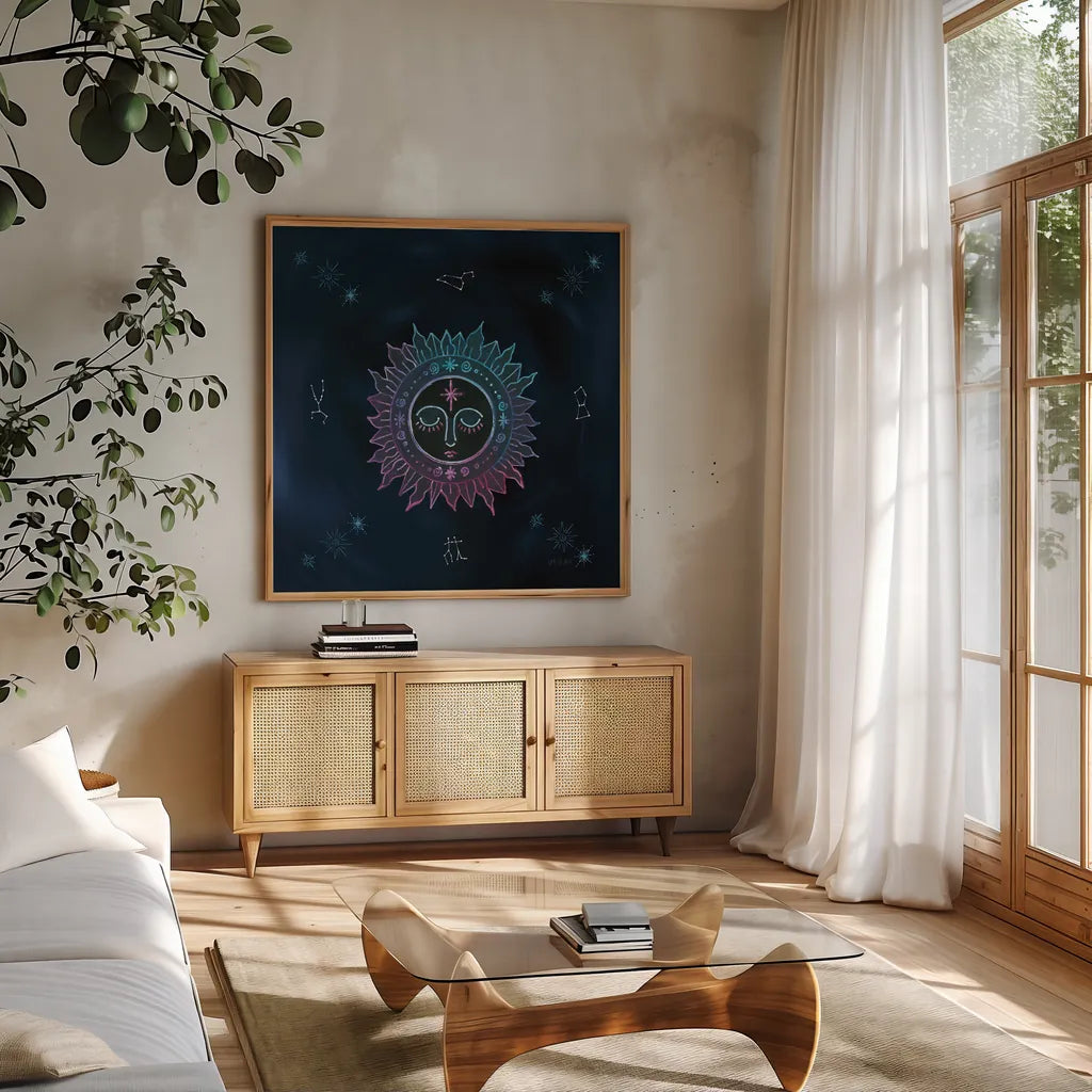 Mystic Sun by Yvette St. Amant. Shown in a natural wood frame in a cozy modern living room. Available as an archival giclee rolled canvas, fine art paper, or poster print. SKU 91542a.