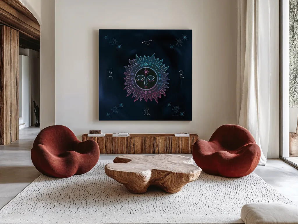 Mystic Sun by Yvette St. Amant. Shown as extra-large giant wall art in a modern living room. Available as an archival giclee rolled canvas, fine art paper, or poster print. SKU 91542a.