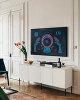 Mystical Fortune I by Yvette St. Amant. shown as a framed stretched canvas in a living room above a console. Available as a archival giclee rolled canvas, fine art paper, or poster print. SKU 92824i.