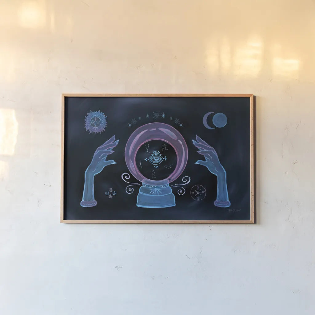 Mystical Fortune I by Yvette St. Amant. shown as a paper print in a natural frame. Available as a archival giclee rolled canvas, fine art paper, or poster print. SKU 92824i.