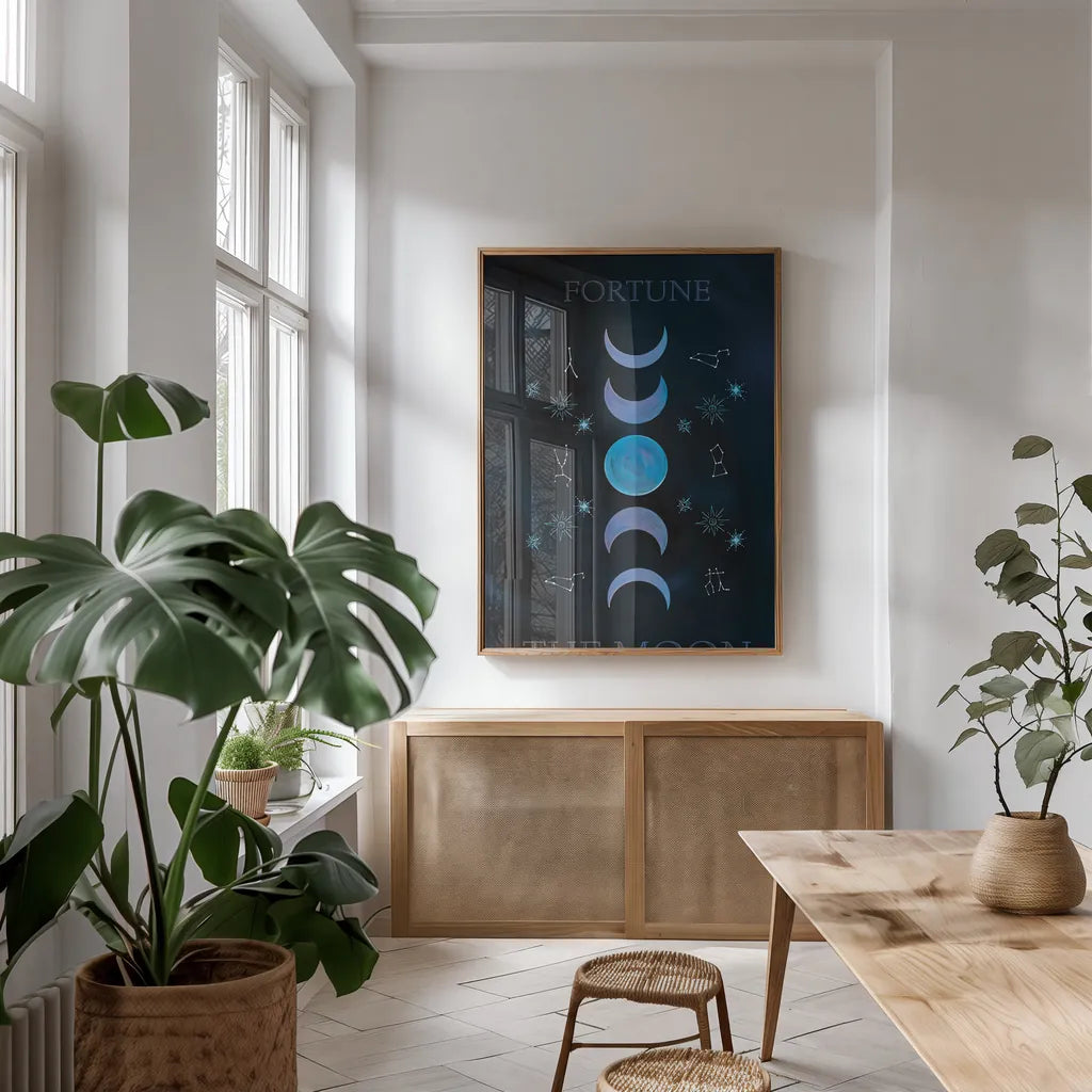 Mystical Fortune II by Yvette St. Amant. shown as a print in a natural wood frame in a dining room. Available as a archival giclee rolled canvas, fine art paper, or poster print. SKU 92825h.