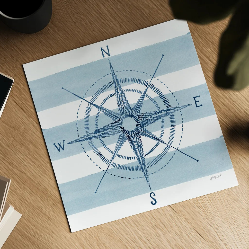 Nautical Compass by Yvette St. Amant. Shown as a detailed flat fine art print, highlighting archival giclee quality. Available as an archival giclee rolled canvas, fine art paper, or poster print. SKU 90122a.