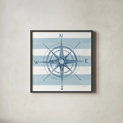 Nautical Compass by Yvette St. Amant. Shown in a sleek black glass frame for a contemporary gallery look. Available as an archival giclee rolled canvas, fine art paper, or poster print. SKU 90122a.