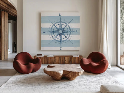 Nautical Compass by Yvette St. Amant. Shown as extra-large giant wall art in a modern living room. Available as an archival giclee rolled canvas, fine art paper, or poster print. SKU 90122a.
