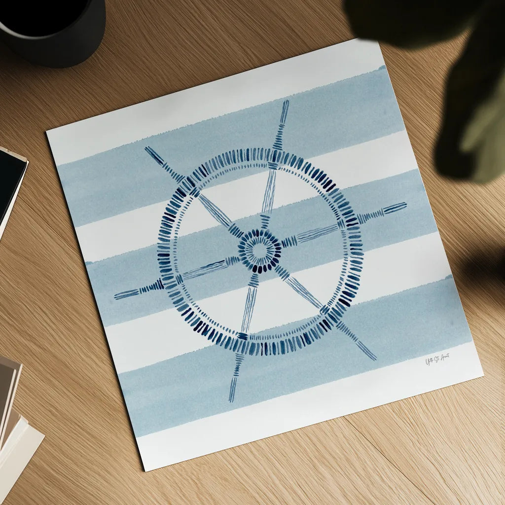 Nautical Ship Wheel by Yvette St. Amant. Shown as a detailed flat fine art print, highlighting archival giclee quality. Available as an archival giclee rolled canvas, fine art paper, or poster print. SKU 90123a.