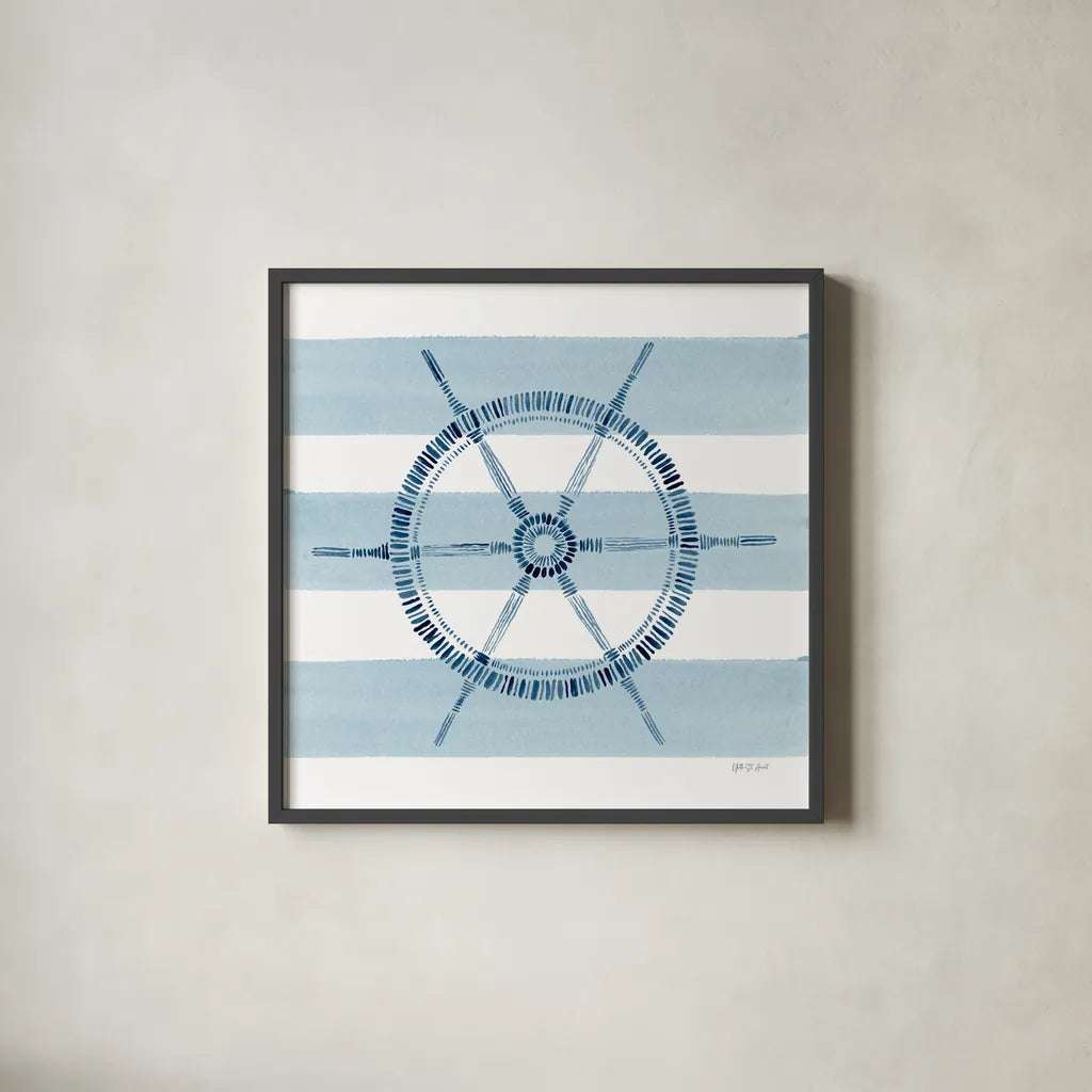 Nautical Ship Wheel by Yvette St. Amant. Shown in a sleek black glass frame for a contemporary gallery look. Available as an archival giclee rolled canvas, fine art paper, or poster print. SKU 90123a.